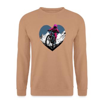 Love Bike / Mountainbiker Herz - Unisex Pullover - Mocca - Vorne - Alina (178cm) & Michal (187cm)