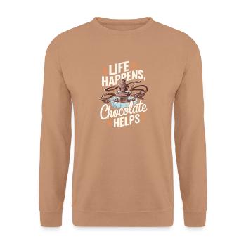  Das Leben Passiert, Schokolade Hilft - Perfekte - Unisex Pullover - Mocca - Vorne - Alina (178cm) & Michal (187cm)