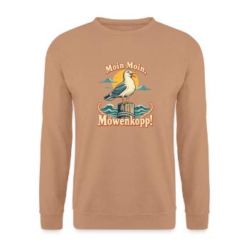 Moin Moin Möwenkopp Norddeutscher Dialekt - Unisex Pullover - Mocca - Vorne - Alina (178cm) & Michal (187cm)