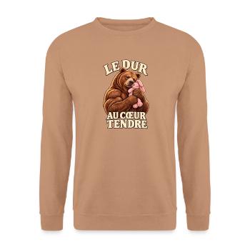 Der harte Kerl, weichherzig – Teddybär und Hase - Unisex Pullover - Mocca - Vorne - Alina (178cm) & Michal (187cm)