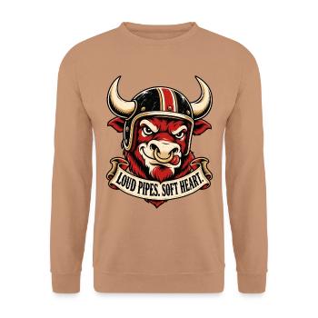 Biker Spruch - Loud Pipes Soft Heart - Unisex Pullover - Mocca - Vorne - Alina (178cm) & Michal (187cm)