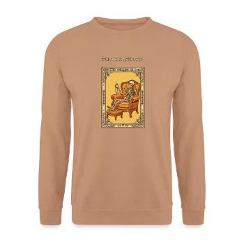 Das lustige Tarot-Skelett des Aufschiebers - Unisex Pullover - Mocca - Vorne - Alina (178cm) & Michal (187cm)