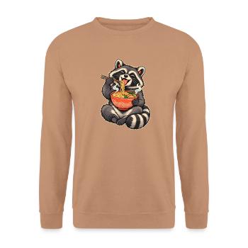 Süßer Waschbär mit Ramen und Essstäbchen - Unisex Pullover - Mocca - Vorne - Alina (178cm) & Michal (187cm)