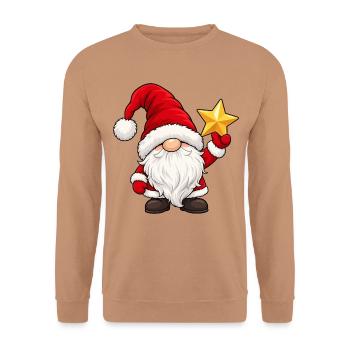 Niedlicher Weihnachtsgnom mit goldenem Stern - Unisex Pullover - Mocca - Vorne - Alina (178cm) & Michal (187cm)