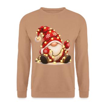 Weihnachtsgnom mit leuchtender Lichterkette - Unisex Pullover - Mocca - Vorne - Alina (178cm) & Michal (187cm)