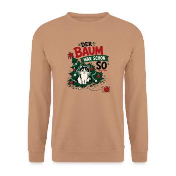 Lustige Katze im Weihnachtsbaum - Unisex Pullover - Mocca - Vorne - Alina (178cm) & Michal (187cm)