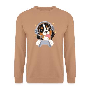 Gaming Berner Sennenhund mit Headset u Controller - Unisex Pullover - Mocca - Vorne - Alina (178cm) & Michal (187cm)
