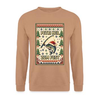 Petri Heil zum Fest – Pixel Ugly Sweater Angler - Unisex Pullover - Mocca - Vorne - Alina (178cm) & Michal (187cm)