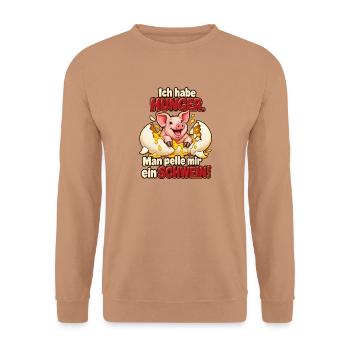 Ich habe Hunger – Man pelle mir ein Schwein! - Unisex Pullover - Mocca - Vorne - Alina (178cm) & Michal (187cm)