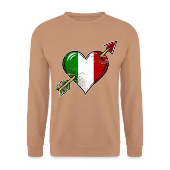 Italien Flagge Herz mit Pfeil used look - Unisex Pullover - Mocca - Vorne - Alina (178cm) & Michal (187cm)