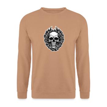 Totenkopf Flammen Kette Blackwork Tattoo T-Shirt - Unisex Pullover - Mocca - Vorne - Alina (178cm) & Michal (187cm)