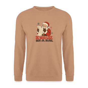 Ich war süß, na ja, fast – lustiges Weihnachtsdesign - Unisex Pullover - Mocca - Vorne - Alina (178cm) & Michal (187cm)