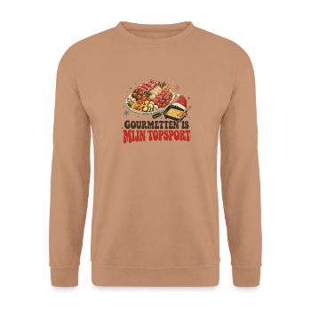 Gourmet ist mein Topsport – lustiges Weihnachtsdesign - Unisex Pullover - Mocca - Vorne - Alina (178cm) & Michal (187cm)