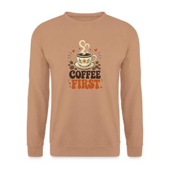 Coffee First – Retro-Kaffi-Design - Unisex Pullover - Mocca - Vorne - Alina (178cm) & Michal (187cm)