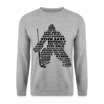 Sprache der Hockey (Goalie Version, schwarz print) - Unisex Pullover - Weißgrau meliert - Vorne - Alina (178cm) & Michal (187cm)