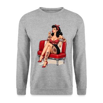 Rockabilly Pin-Up Girl mit Lolly und Tattoos - Unisex Pullover - Weißgrau meliert - Vorne - Alina (178cm) & Michal (187cm)