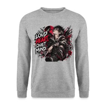 Loud Heart Quiet Mind – Emo Anime Boy - Unisex Pullover - Weißgrau meliert - Vorne - Alina (178cm) & Michal (187cm)