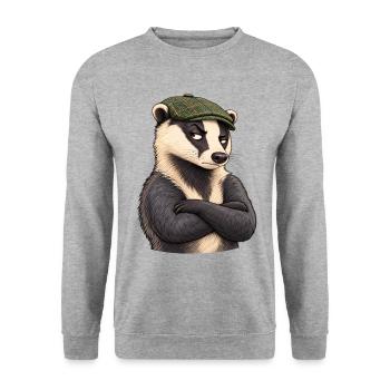 Verdächtiger Flatcap-Dachs - Unisex Pullover - Weißgrau meliert - Vorne - Alina (178cm) & Michal (187cm)
