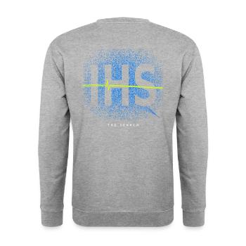 IHS Signal Rückenprint – Lime & Kobalt - Unisex Pullover - Weißgrau meliert - Hinten - Michal (187cm)