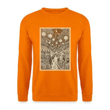 Linoleumschnitt der Laternen-Nachtmarktstraße - Unisex Pullover - Orange - Vorne