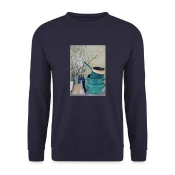 Ölgemälde Kunst Stillleben Küche Vintage Blüten - Unisex Pullover - Navy - Vorne - Alina (178cm) & Michal (187cm)