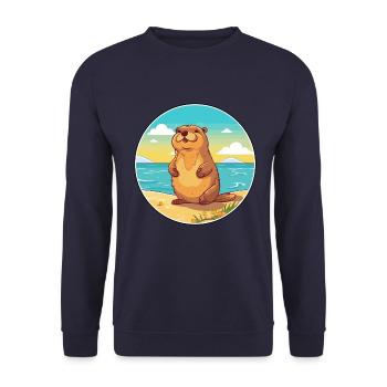 Und täglich grüßt das Murmeltier Aquarell Karikatur Kawaii Clipart Tier - Unisex Pullover - Navy - Vorne - Alina (178cm) & Michal (187cm)
