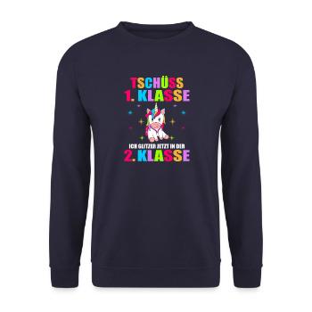 Tschüss 1.Klasse Ich Glitzer Jetzt In Der 2.Klasse - Unisex Pullover - Navy - Vorne - Alina (178cm) & Michal (187cm)