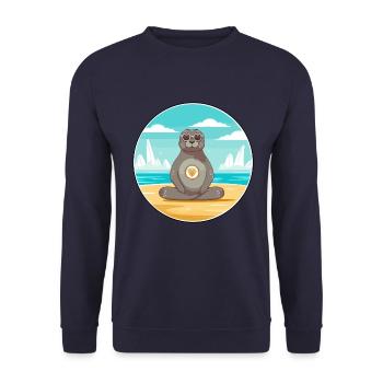 Seehund, Karikatur, Yoga, Strand, Sommer, Illustration - Unisex Pullover - Navy - Vorne - Alina (178cm) & Michal (187cm)