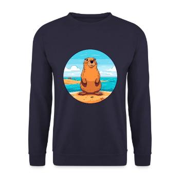 Und täglich grüßt das Murmeltier Aquarell Karikatur Kawaii Clipart Tier - Unisex Pullover - Navy - Vorne - Alina (178cm) & Michal (187cm)