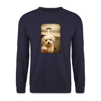 Maltipoo trifft UFO – Retro Alien Style - Unisex Pullover - Navy - Vorne - Alina (178cm) & Michal (187cm)