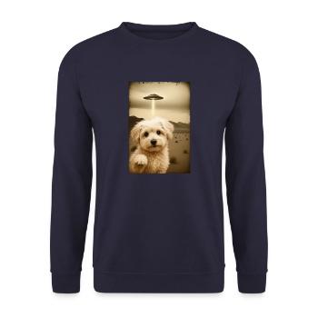 Maltipoo trifft UFO – Retro Alien Style - Unisex Pullover - Navy - Vorne - Alina (178cm) & Michal (187cm)