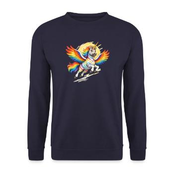 Regenbogen-Einhorn mit Flügeln - Unisex Pullover - Navy - Vorne - Alina (178cm) & Michal (187cm)