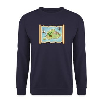 Pixel Art Schatzkarte mit verstecktem Schatz - Unisex Pullover - Navy - Vorne - Alina (178cm) & Michal (187cm)