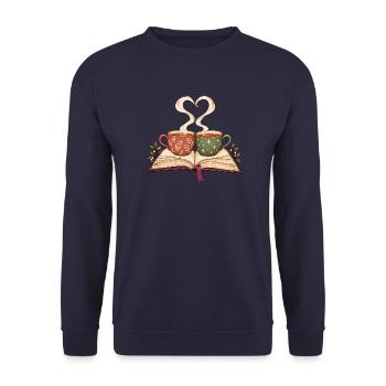 Gemütliche Buchliebhaber-Becher mit herzförmigem Dampf - Unisex Pullover - Navy - Vorne - Alina (178cm) & Michal (187cm)
