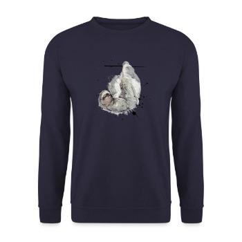 Bequem Hängendes Faultier im Aquarellstil - Unisex Pullover - Navy - Vorne - Alina (178cm) & Michal (187cm)