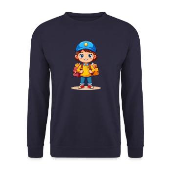 Kleiner Comic Briefträger Postbote Brief T-Shirt - Unisex Pullover - Navy - Vorne - Alina (178cm) & Michal (187cm)