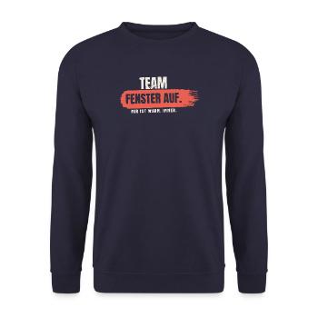 Team Fenster auf – mir ist warm - Unisex Pullover - Navy - Vorne - Alina (178cm) & Michal (187cm)