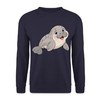 Süße lachende Seekuh – Lustiges Comic Motiv - Unisex Pullover - Navy - Vorne - Alina (178cm) & Michal (187cm)