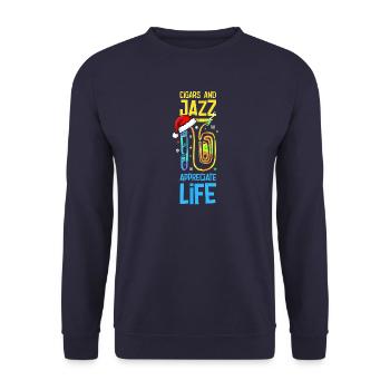 Cigars And Jazz Appreciate Life Saxophon Xmas - Unisex Pullover - Navy - Vorne - Alina (178cm) & Michal (187cm)