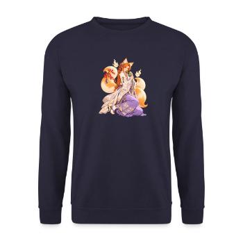 Kitsune-Frau im Kimono – Anime | Noventra - Unisex Pullover - Navy - Vorne - Alina (178cm) & Michal (187cm)