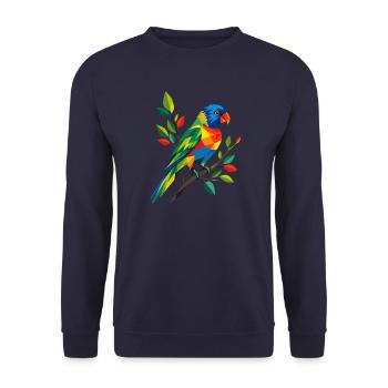 Bunter Regenbogenlori auf einem Zweig   - Unisex Pullover - Navy - Vorne - Alina (178cm) & Michal (187cm)