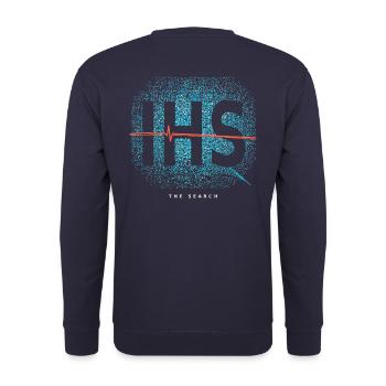 IHS Signal Rückenprint – Cyan & Koralle - Unisex Pullover - Navy - Hinten - Michal (187cm)