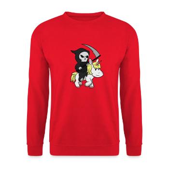 Tod Reitet Einhorn - Unisex Pullover - Rot - Vorne - Alina (178cm) & Michal (187cm)