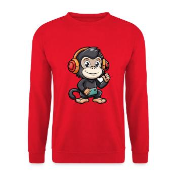 Schimpanse Lustige Cartoon Figur Kopfhörer Musik - Unisex Pullover - Rot - Vorne - Alina (178cm) & Michal (187cm)