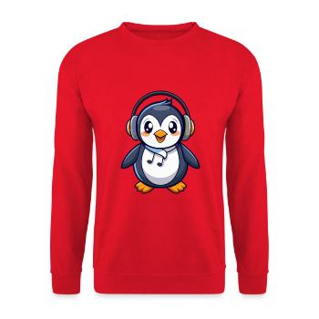 Pinguin Lustige Zeichentrickfigur Kopfhörermusik - Unisex Pullover - Rot - Vorne - Alina (178cm) & Michal (187cm)