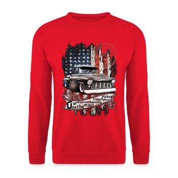 Vintage Pickup mit Flaggenmotiv - Unisex Pullover - Rot - Vorne - Alina (178cm) & Michal (187cm)