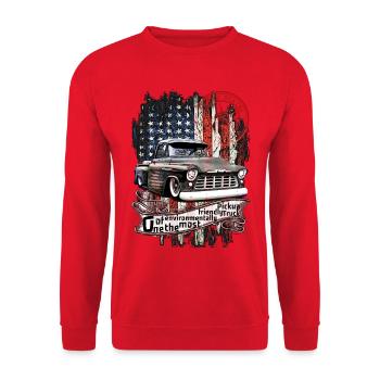 Vintager Pickup mit US-Flagge - Unisex Pullover - Rot - Vorne - Alina (178cm) & Michal (187cm)
