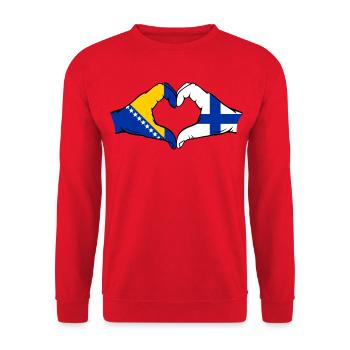 Bosnien Finnland Flagge Hände Herzform - Unisex Pullover - Rot - Vorne - Alina (178cm) & Michal (187cm)