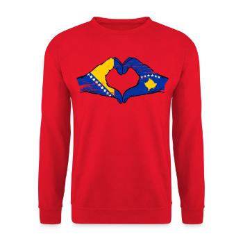 Bosnien Kosovo Flagge Hände Herzform used - Unisex Pullover - Rot - Vorne - Alina (178cm) & Michal (187cm)