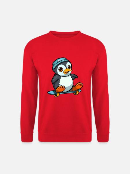 Lustiger Pinguin Kawaii Cartoon spielt Skateboard - Unisex Pullover - Rot